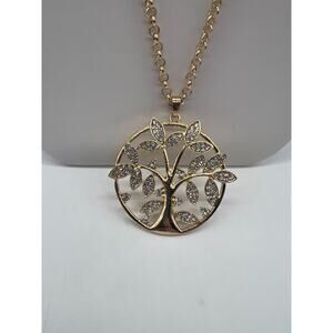 Tree of Life Gold Tone Clear Rhinestone Shimmery pendant Necklace Layering